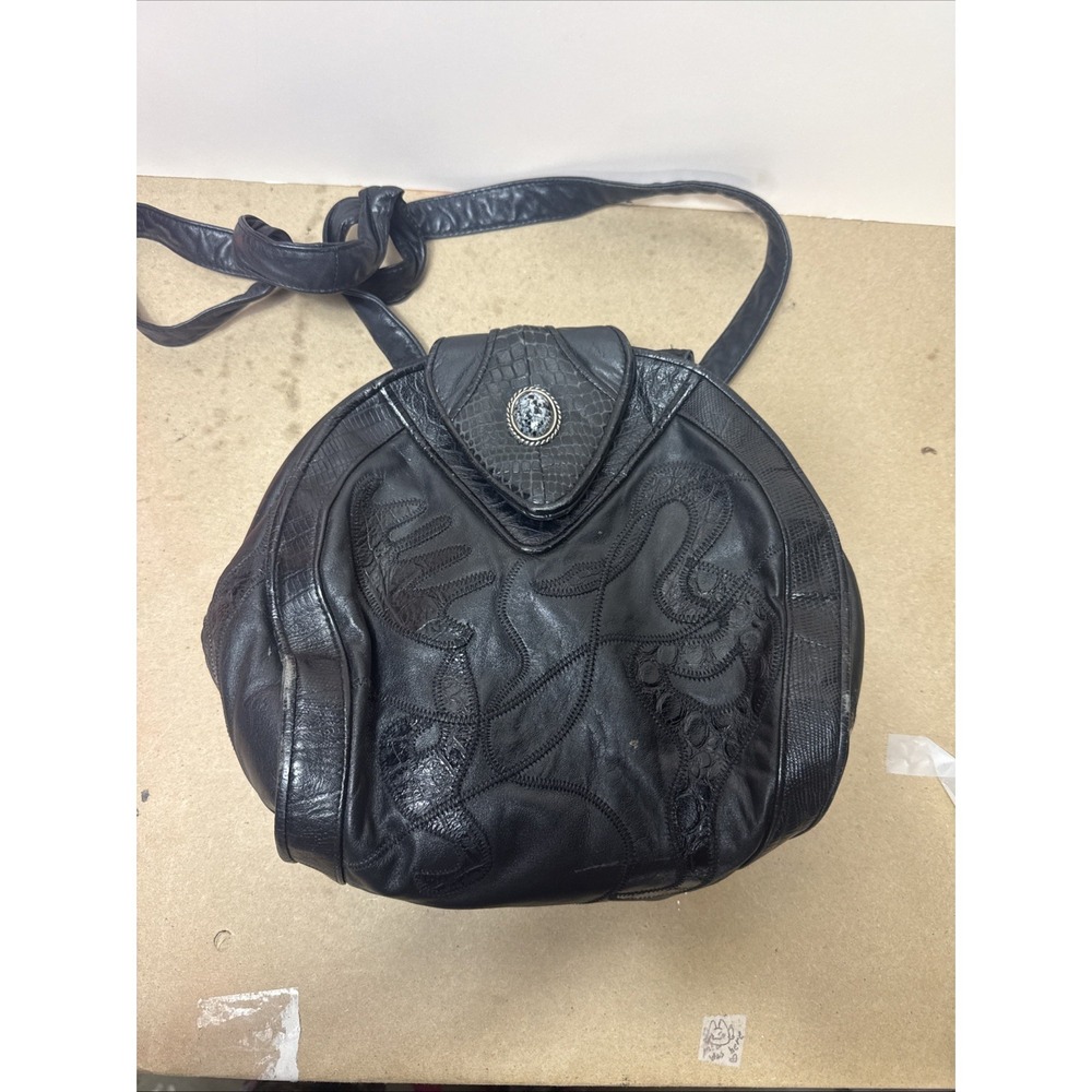Viva Of California Vintage Black Leather Shoulder Bag Purse Croc Embossed